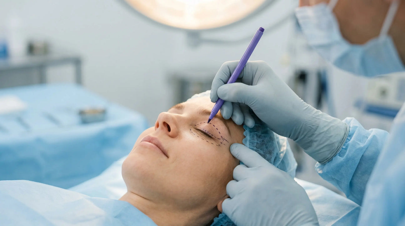 Red LED light therapy panel used in a clinical setting, illustrating the 633nm LED treatment studied after eyelid surgery