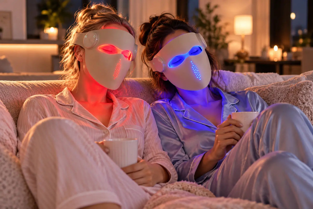 Woman wearing the Dermfix FreeGlow cordless LED face mask